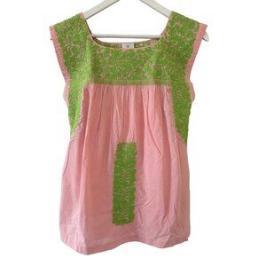 J. Marie Whitney Embroidered Sleeveless Square Neck Cotton Top Pink Green S Boho